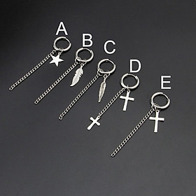 Khuyên tai tròn phối chuỗi xích họa tiết lá/ngôi sao/lông vũ/thánh giá bằng thép không gỉ phong cách Gothic