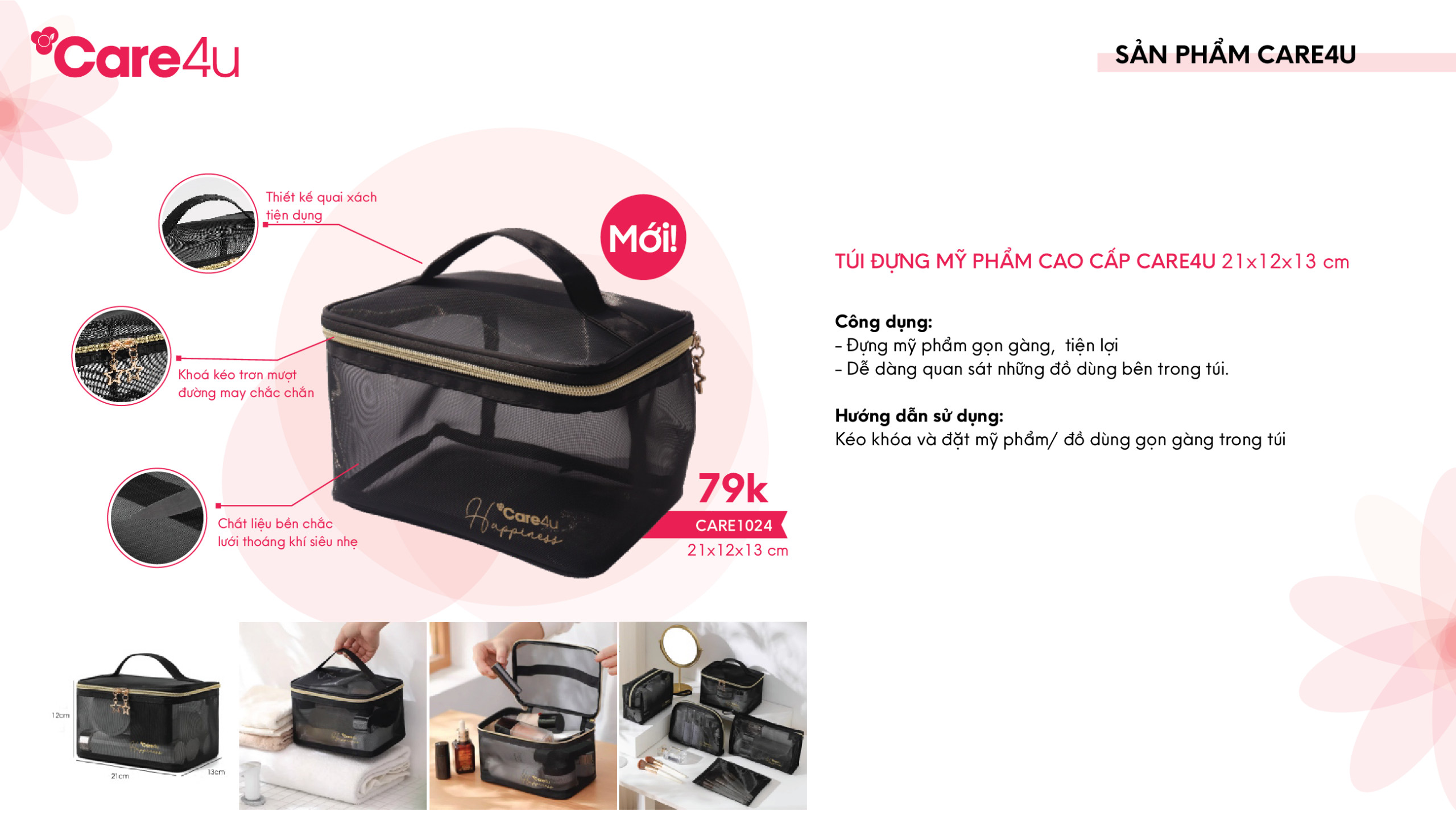 Túi đựng mỹ phẩm tiện lợi mang đi du lịch Care4u 21x12x13 cm