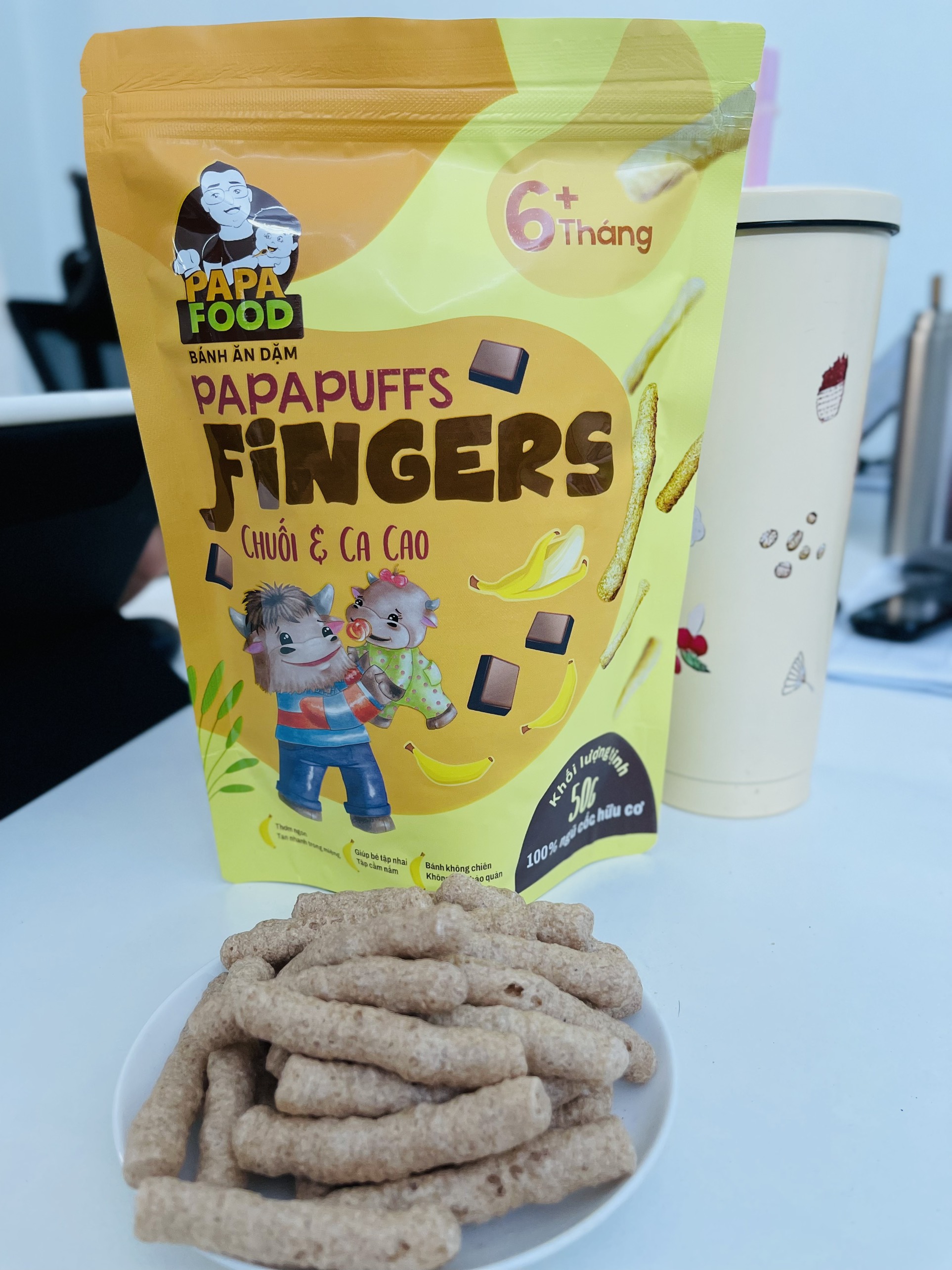 BÁNH ĂN DẶM PAPAFOOD PAPAPUFFS - FINGERS VỊ CHUỐI VÀ CA CAO - 100% NGŨ CỐC HỮU CƠ