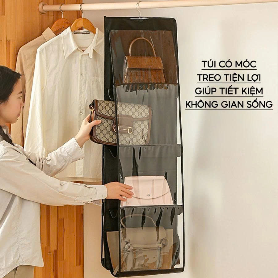 Túi Treo Túi Xách Đa Năng – 2 Mặt, 6 Ngăn, Trong Suốt, Bền Đẹp, Gọn Tủ