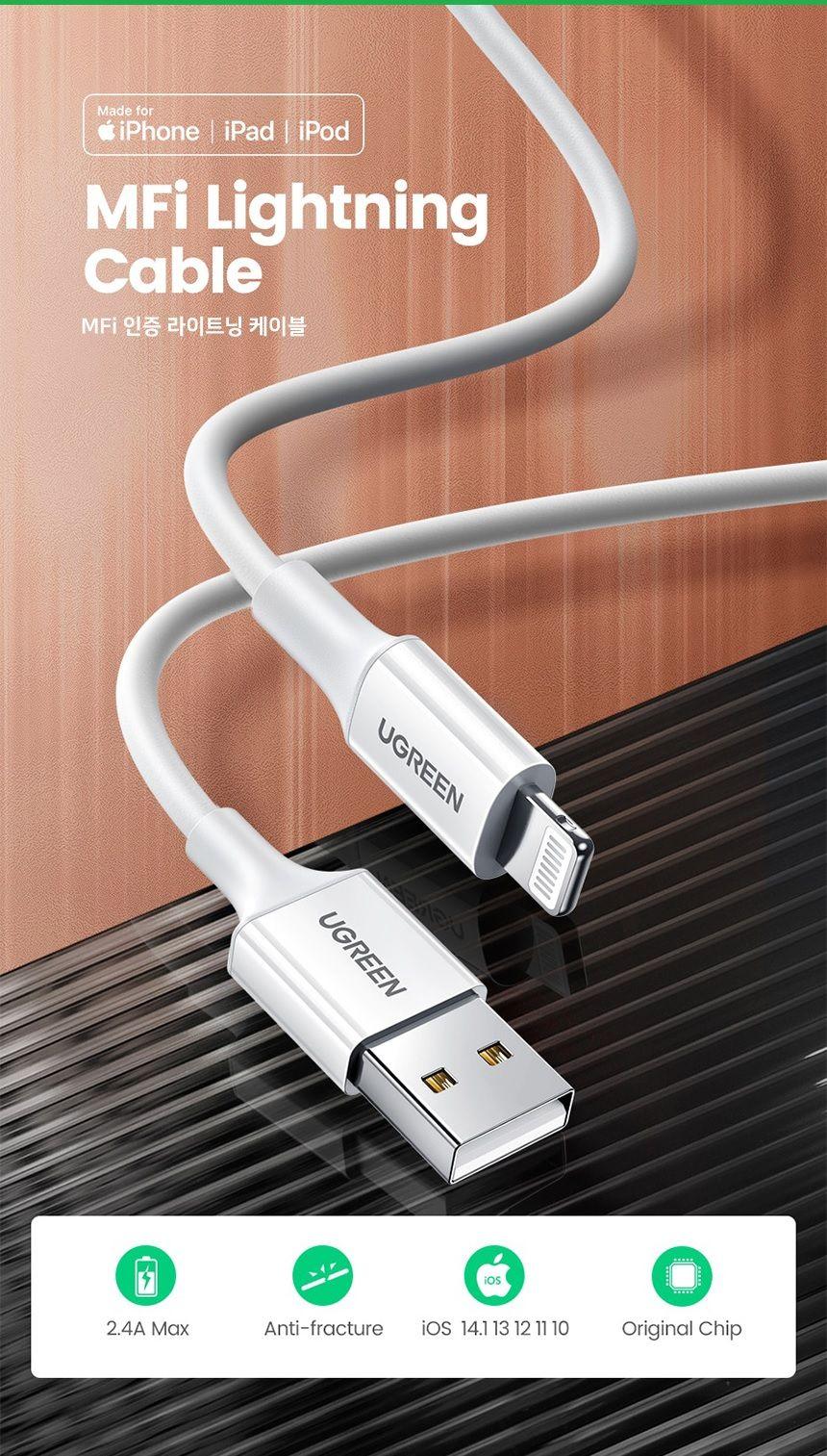 Ugreen UG80315US155TK 1.5M có chip MFI màu trắng Cáp sạc và truyền dữ liệu USB sang lightning - HÀNG CHÍNH HÃNG