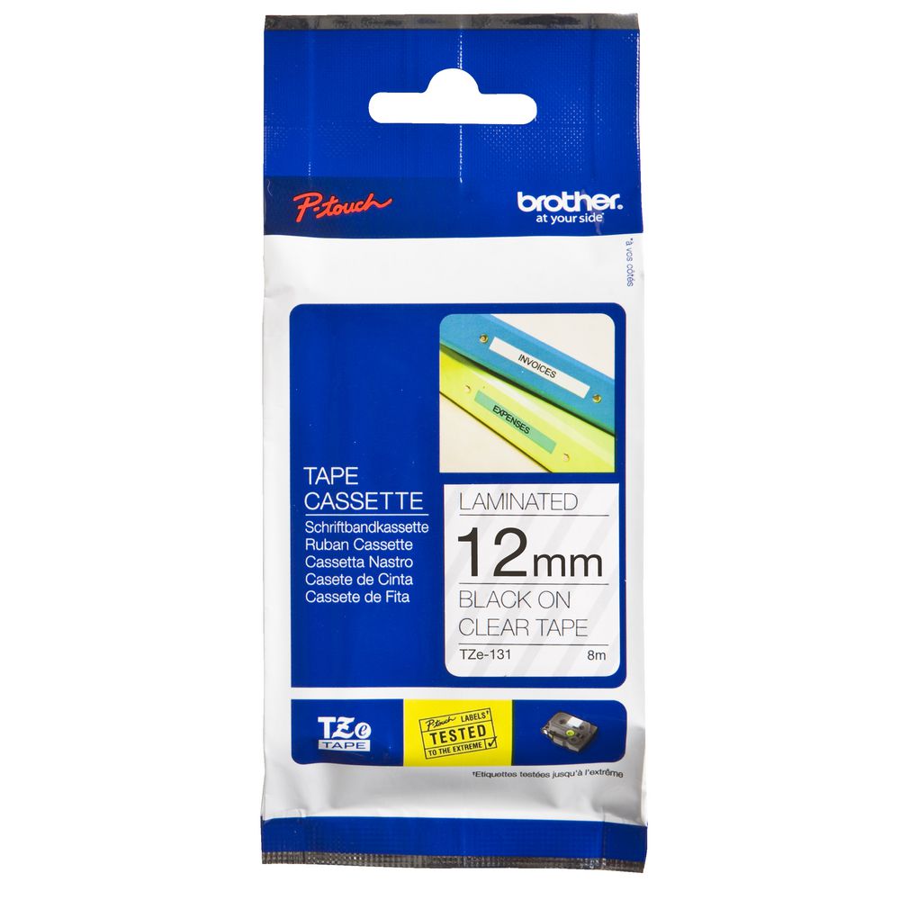 Nhãn tiêu chuẩn Brother TZe-131, (12mm x 8m - Chữ đen trên nền trong, chống thấm nước) - Hàng chính hãng