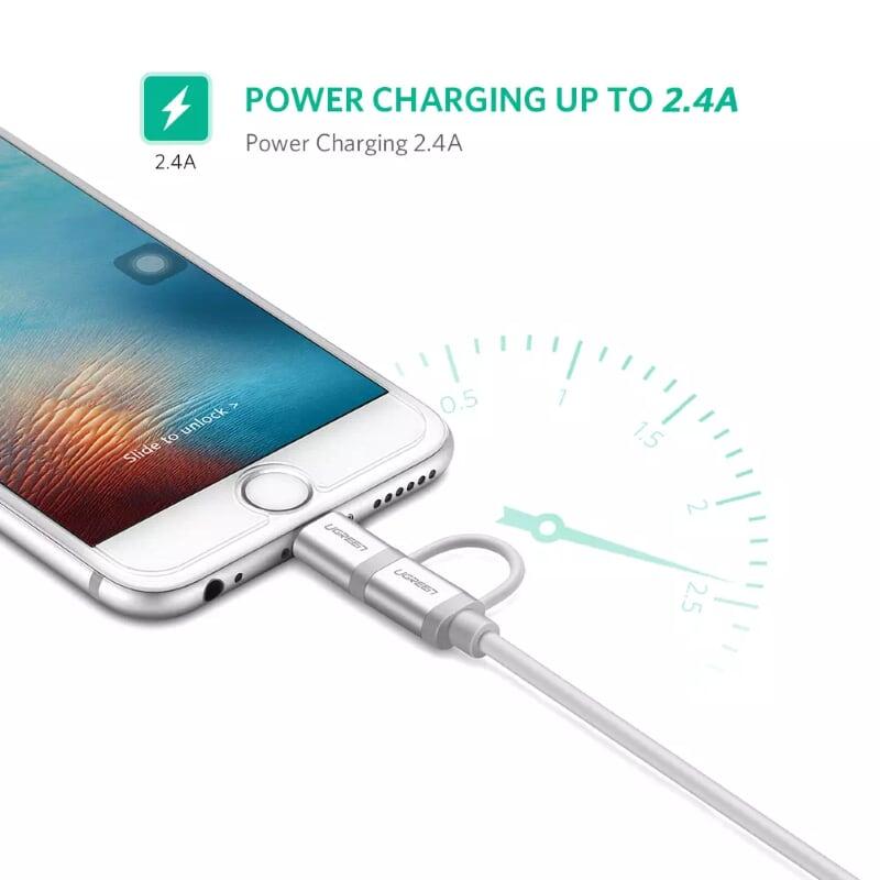 Ugreen UG30669US165TK 1M màu Bạc Cáp sạc đa năng USB sang MicroUSB + Lightning - HÀNG CHÍNH HÃNG