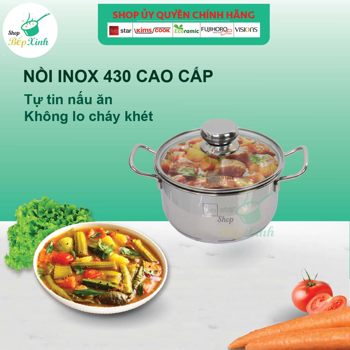 Bộ nồi inox Fivestar 6 món nắp kính 3 đáy dùng được bếp từ , hồng ngoại , gas