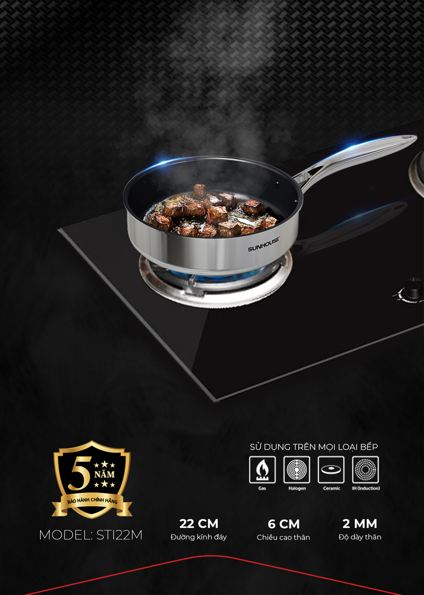 Chảo inox 3 lớp liền đáy chống dính Ultra Titanium Sunhouse STI18-26M - Hàng chính hãng