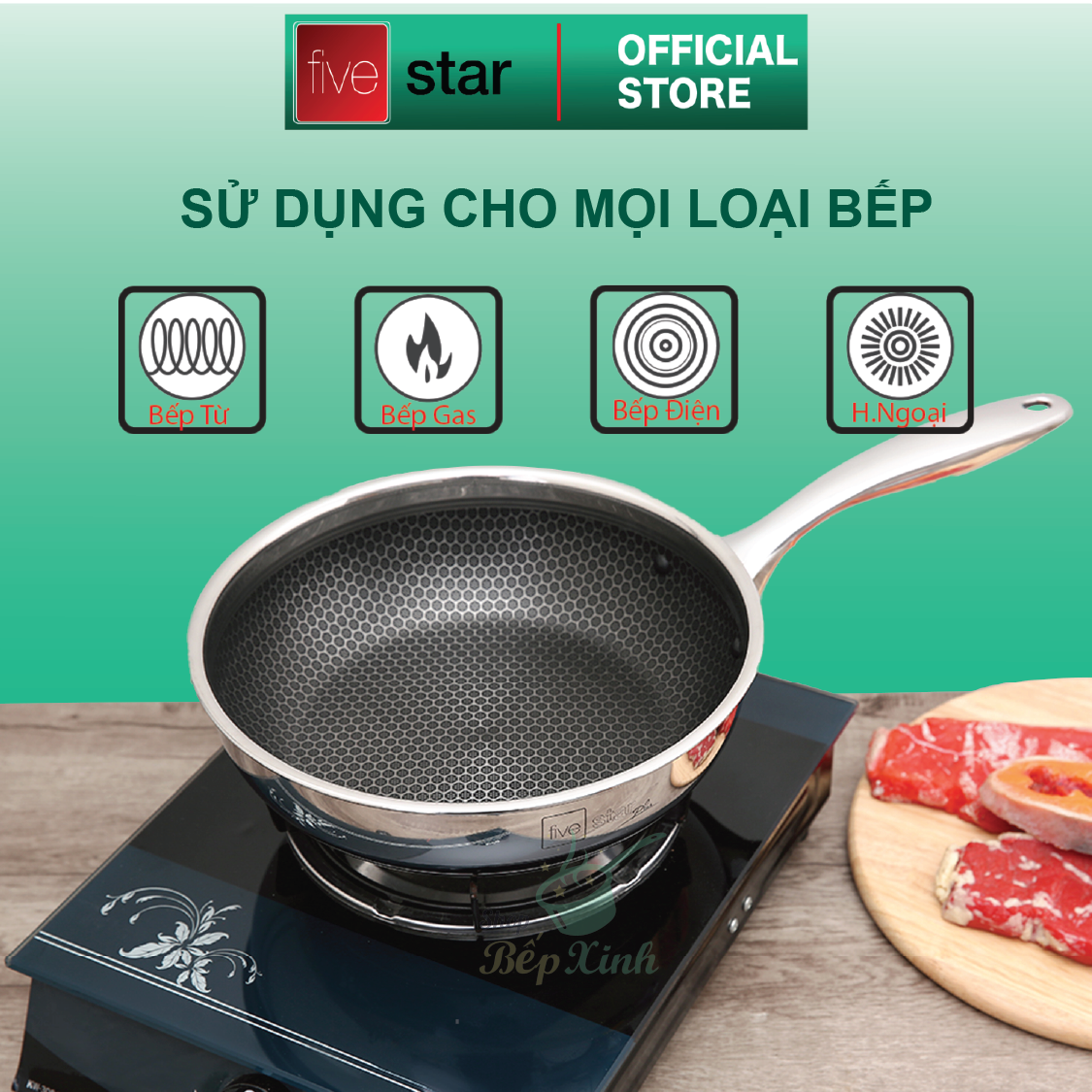 Bộ nồi và chảo sâu lòng Blackcube tổ ong 3 lớp đáy liền inox 304 Fivestar Plus 5 món quai oval nắp kính , tặng 1 vá canh