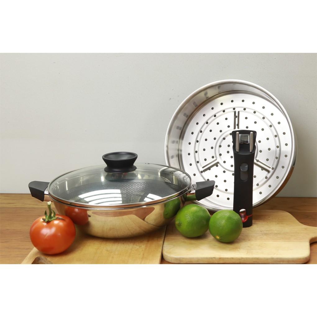 Bộ nồi xửng hấp T&K Kimscook hàn Quốc Blackcube 24CM, 3 lớp đúc liền inox 304 , siêu bền cào không xước