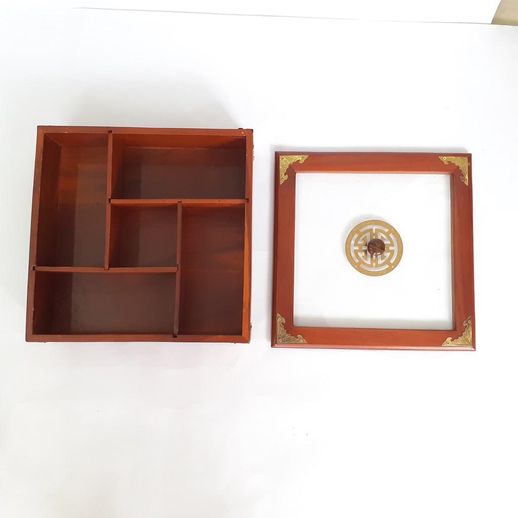Khay Đựng Mứt Tết Bánh Kẹo Vuông 5 Ngăn Gỗ Gõ Tự Nhiên-DAICAT - Hình lục giác Chữ Phúc Lộc Thọ