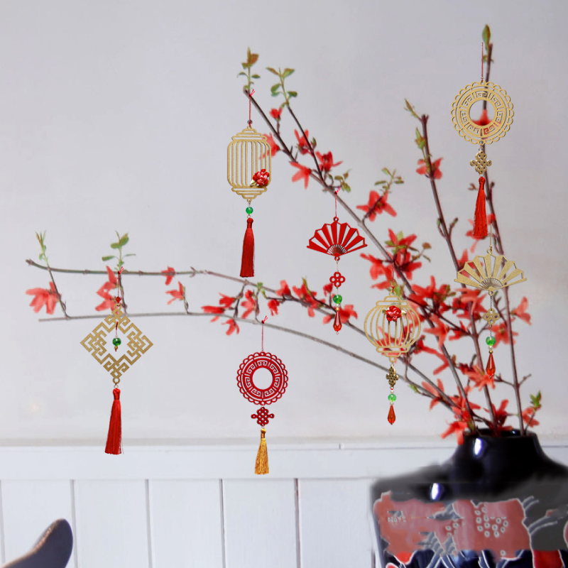 Bộ 11 dây treo trang trí Tết, phụ kiện handmade bằng gỗ sơn đỏ sang trọng , treo Mai, Đào, Lan- COMBO MIX11