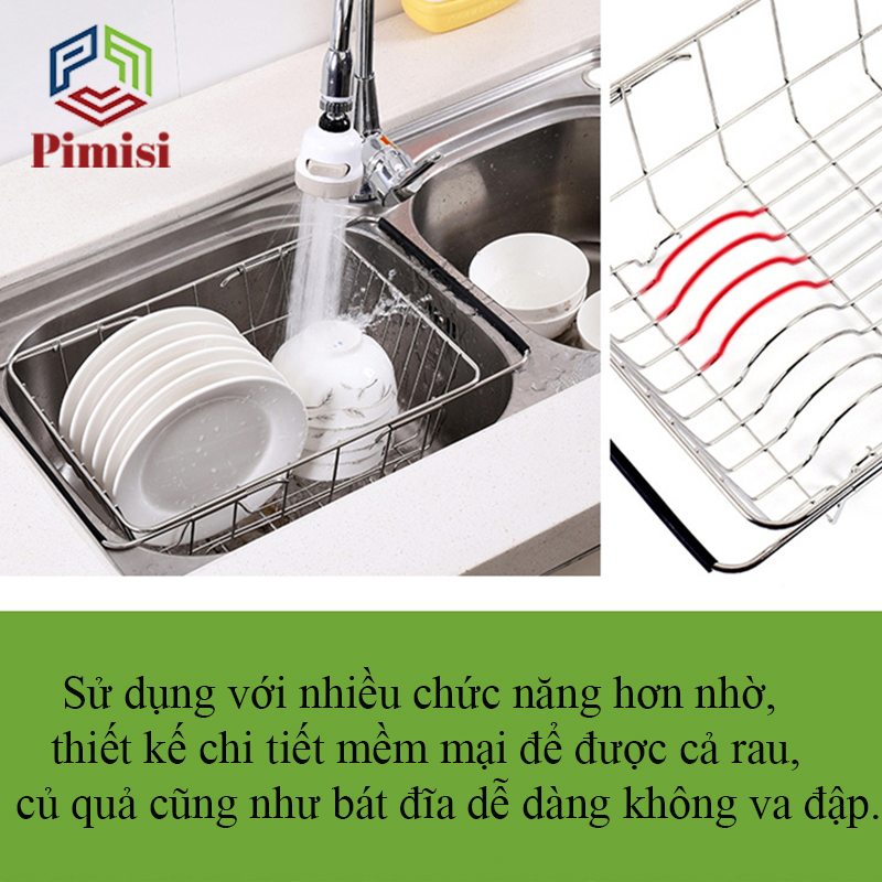 Rổ Inox 304 Chữ Nhật Gác Bồn Rửa Chén Pimisi Úp Bát Đĩa - Rau Củ Quả Với Thiết Kế Thông Minh Điều Chỉnh Độ Dài Co Giãn Chiều Dài Khay, Tay Nắm Kéo Từ Thép Không Gỉ SUS 304 - Với 4 Góc Vuông Bo Tròn Phù Hợp Với Mọi Chậu Rửa Bát | Hàng Chính Hãng