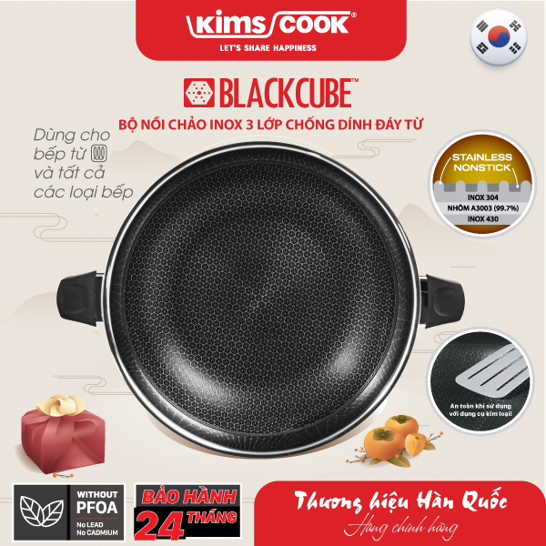 Bộ chảo KIMS COOK Blackcube 3 lớp đáy từ đa năng chống dính chống trầy xước Bộ 3 món