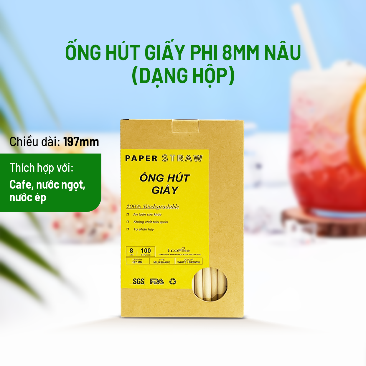 Hộp 100 ống hút giấy phi 8mm nâu kraft ECOPINE
