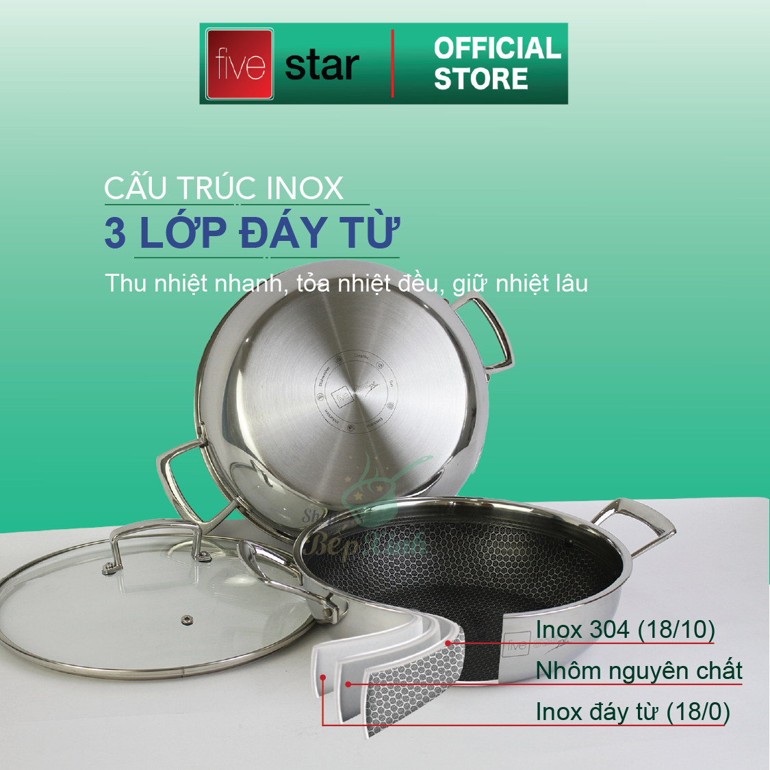 Chảo tổ ong chống dính 2 quai 3 lớp đáy liền inox 304 FiveStar Plush 24cm / 26cm /28cm , tặng 1 sạn inox