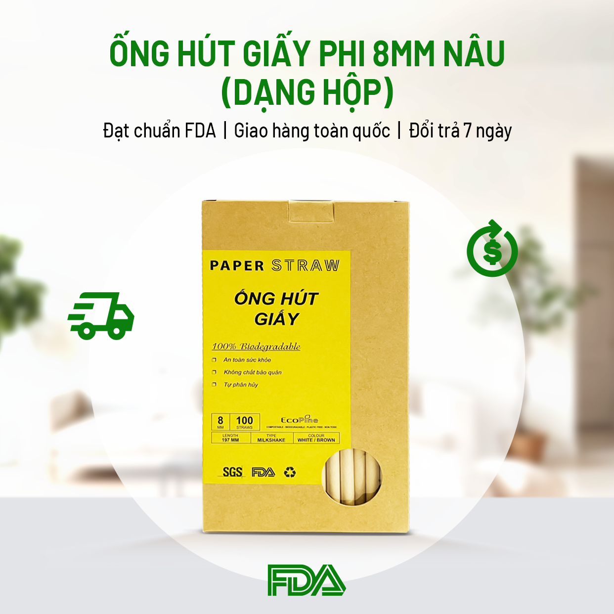 Hộp 100 ống hút giấy phi 8mm nâu kraft ECOPINE