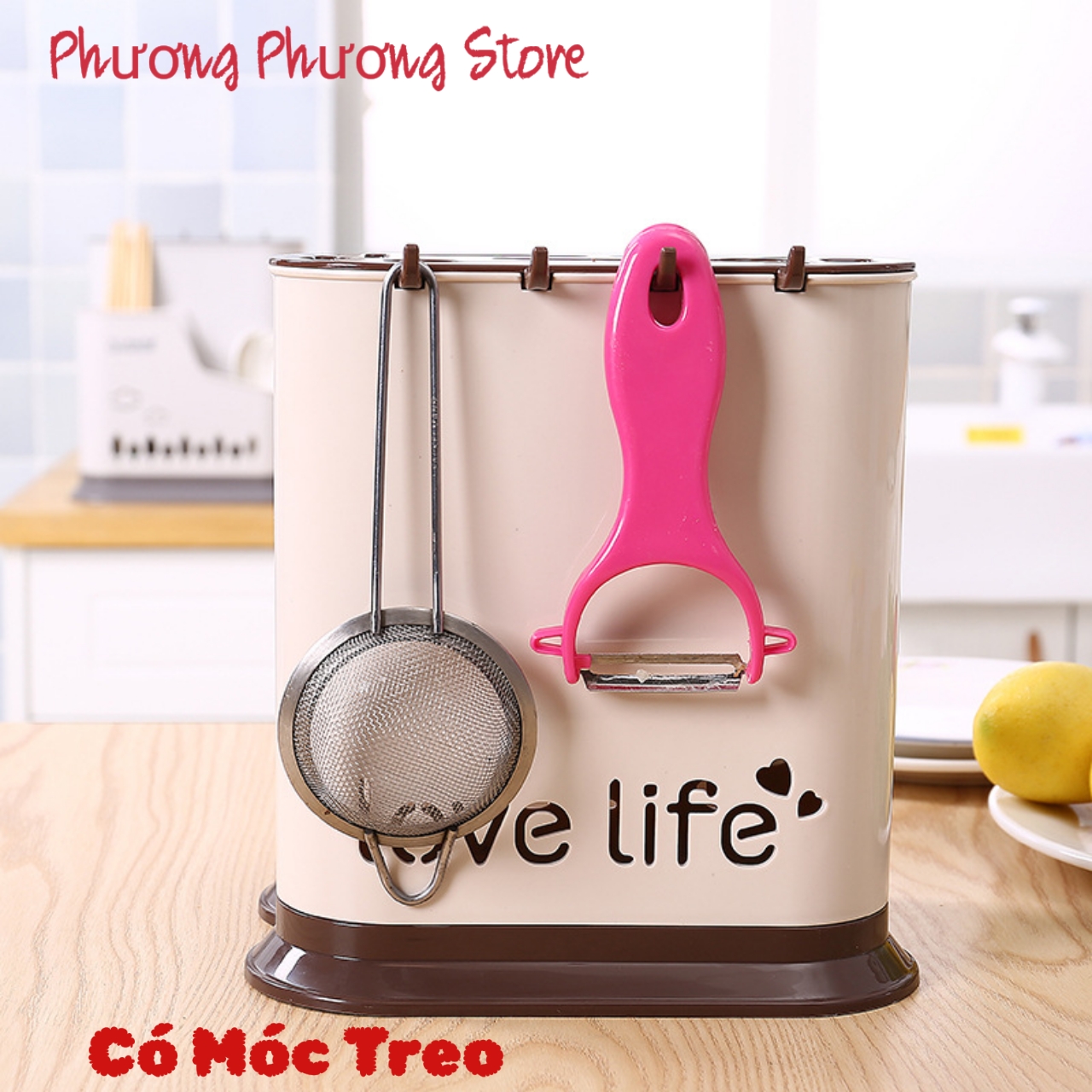 Ống Đựng Đũa Thìa Có Móc Treo Kèm Khay Cắm Dao Kéo Nhựa VN ( giao màu ngẫu nhiên )