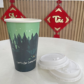 Ly giấy 14oz~420ml - Combo 10 ly giấy có in hoạ tiết & 10 nắp nhựa bật trắng