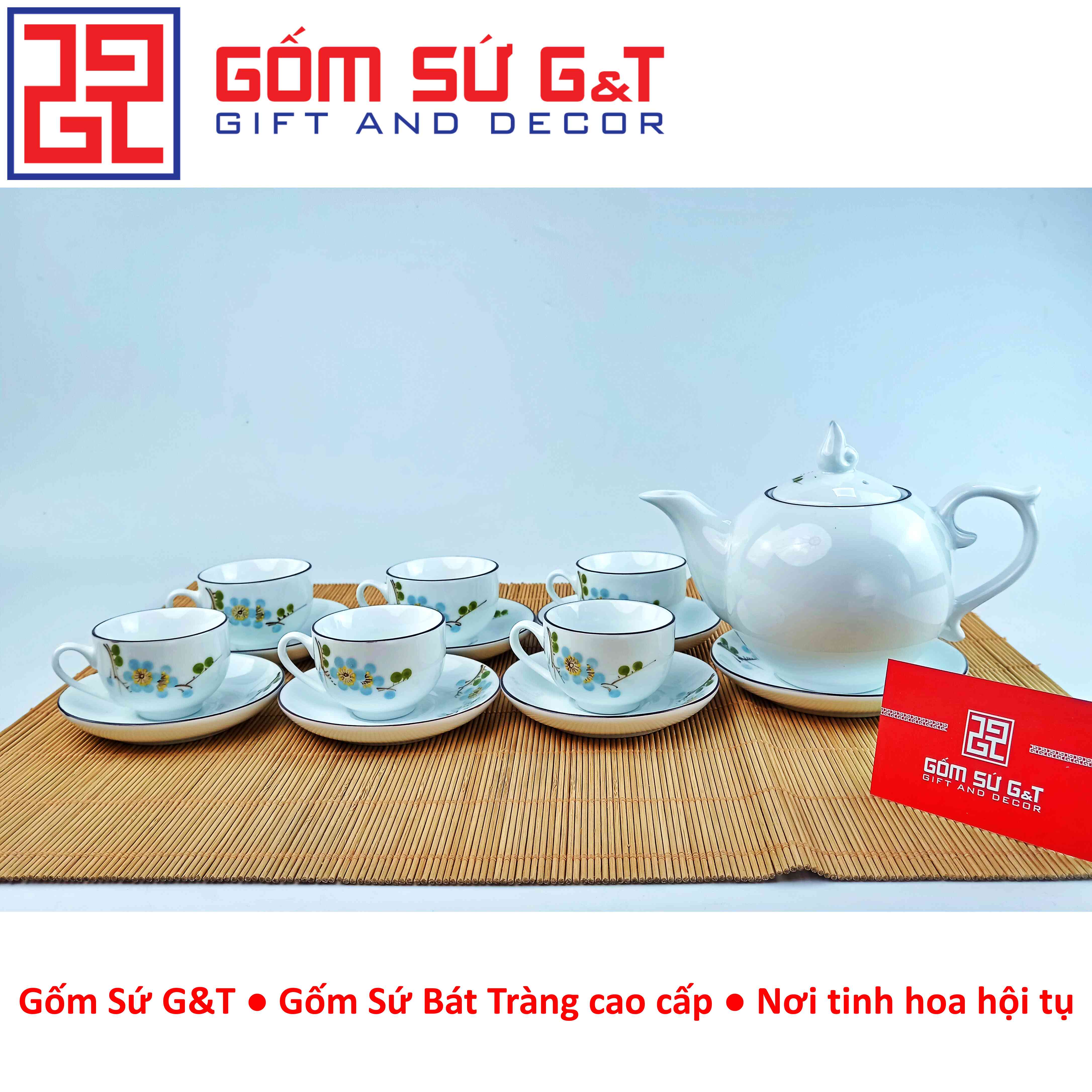 Bộ trà chóp lửa vẽ hoa đào xanh Gốm sứ G&T