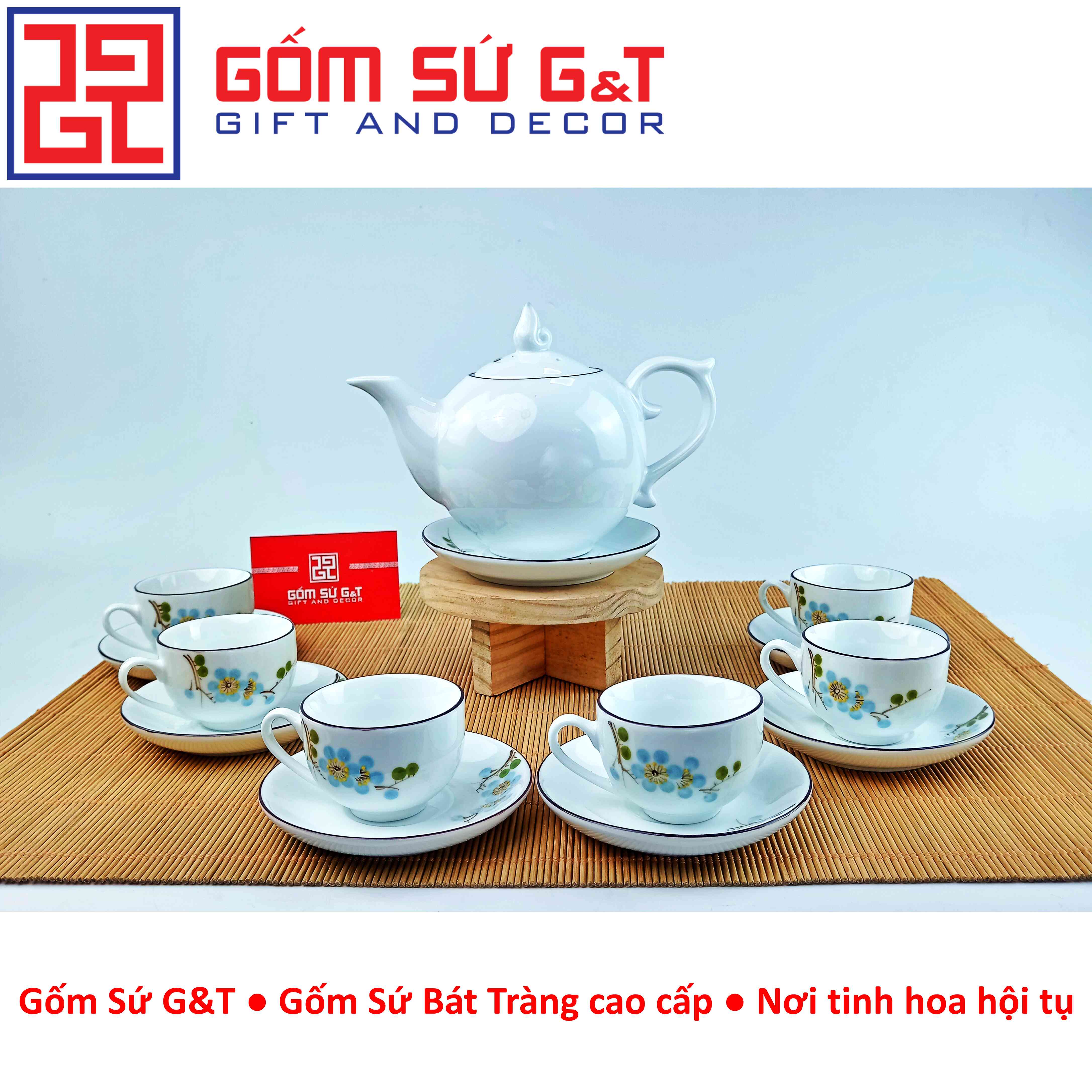 Bộ trà chóp lửa vẽ hoa đào xanh Gốm sứ G&T