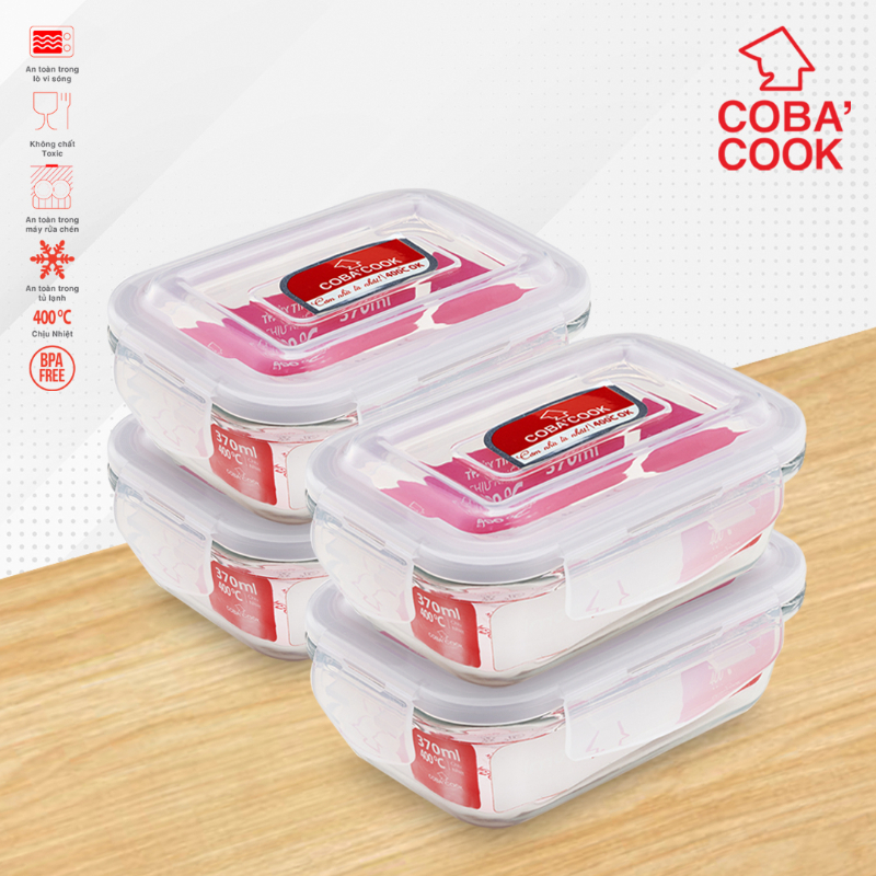 Bộ 4 hộp đựng cơm, trữ thực phẩm thủy tinh chịu nhiệt COBA