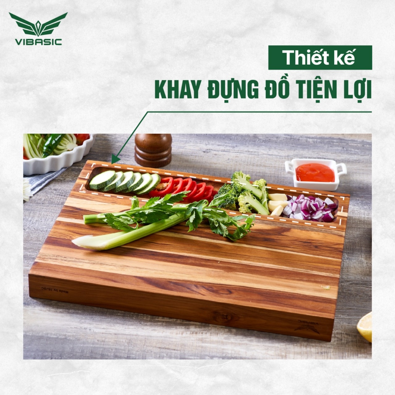 Thớt gỗ Teak Vibasic có khay đựng đồ, kích thước 40x30x3.8cm thái chặt băm đa năng - Hàng chính hãng Bộ Quốc Phòng sản xuất