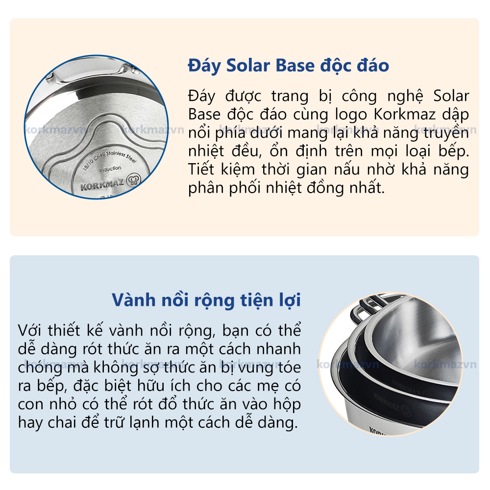 Nồi inox 18/10 thân thấp Korkmaz Perla 2.3 lít - 22x6 cm