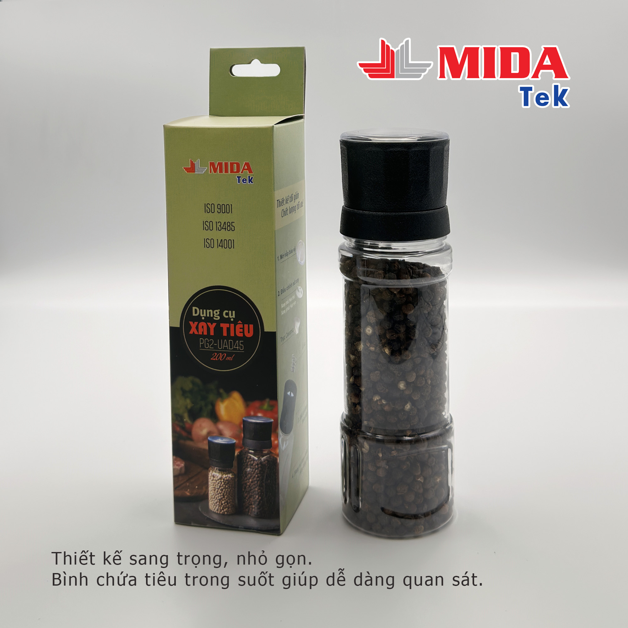 Dụng cụ xay tiêu MIDATEK cối xay ceramic chai nhựa dung tích 200ML miệng hũ 45mm