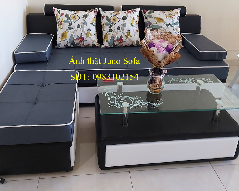 Bộ sofa phòng Khách 2m2 dành cho chung cư Juno Sofa bao gồm đủ gối, đôn và bàn trà kính