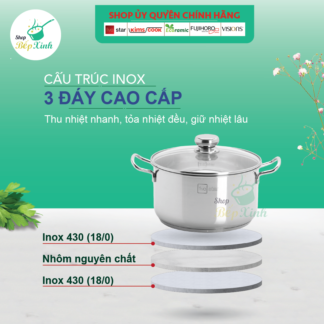 Bộ nồi inox Fivestar 6 món nắp kính 3 đáy dùng được bếp từ , hồng ngoại , gas