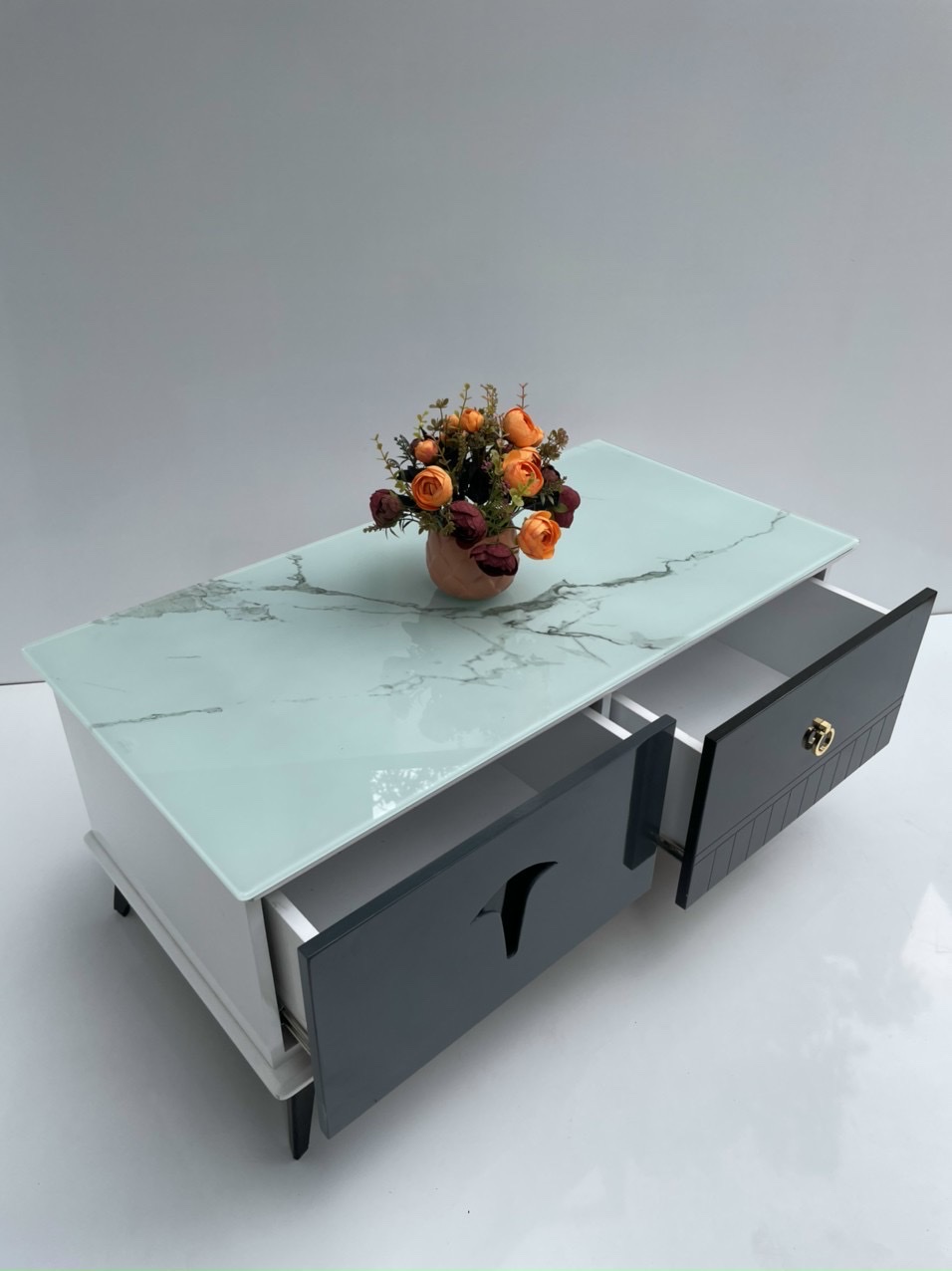 Bàn trà mặt kính Tundo mẫu mới 2023 kèm hộc kéo tiện lợi KT50x100x45cm