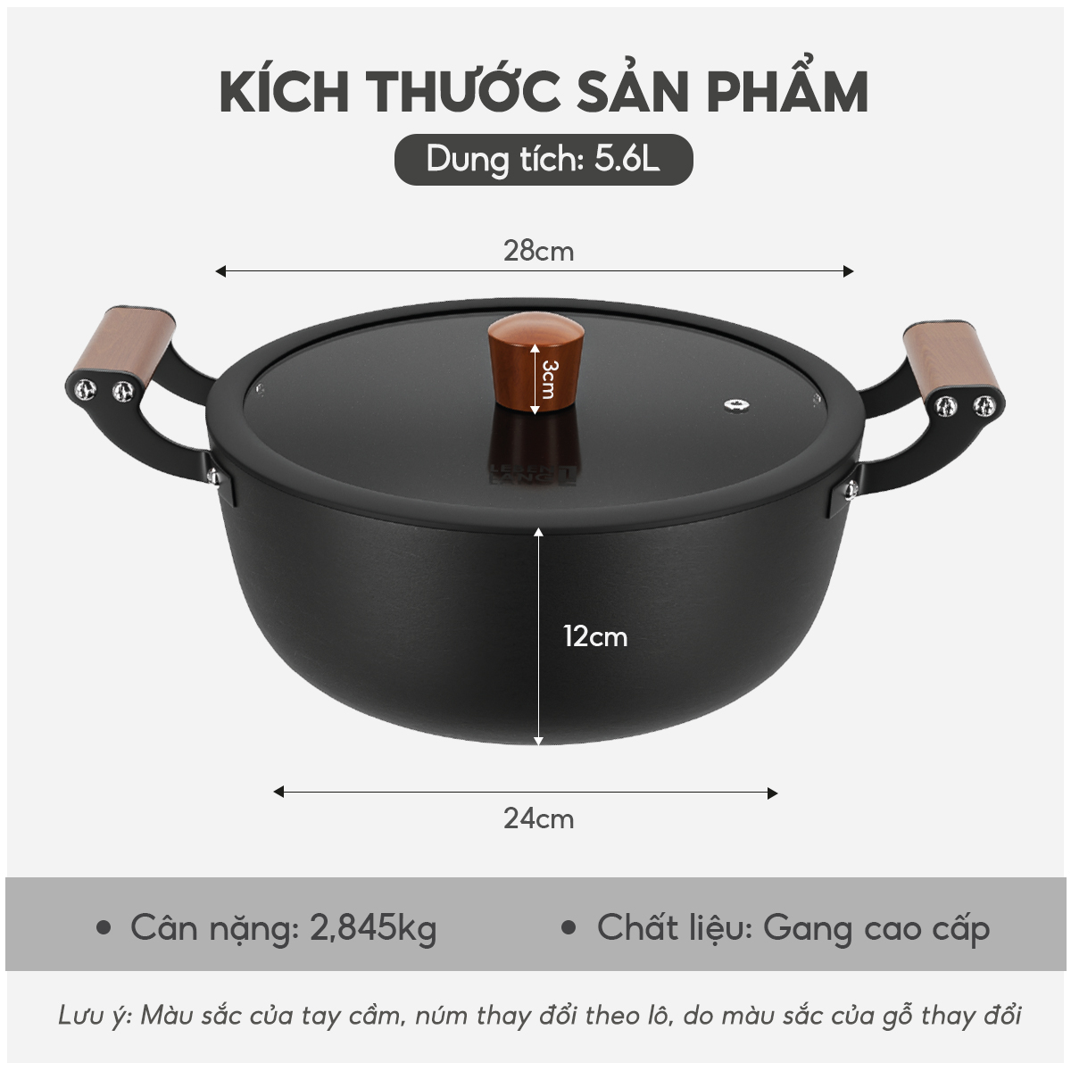 Nồi gang chống dính đa năng Lebenlang LBL2526, size 28, 5.6L, nắp kính tay cầm gỗ dùng mọi loại bếp - hàng chính hãng
