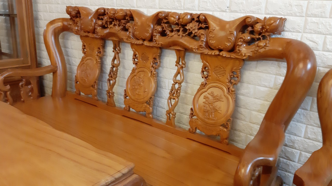 Bộ sofa phòng khách 6 món, gỗ gõ tự nhiên, tay 12