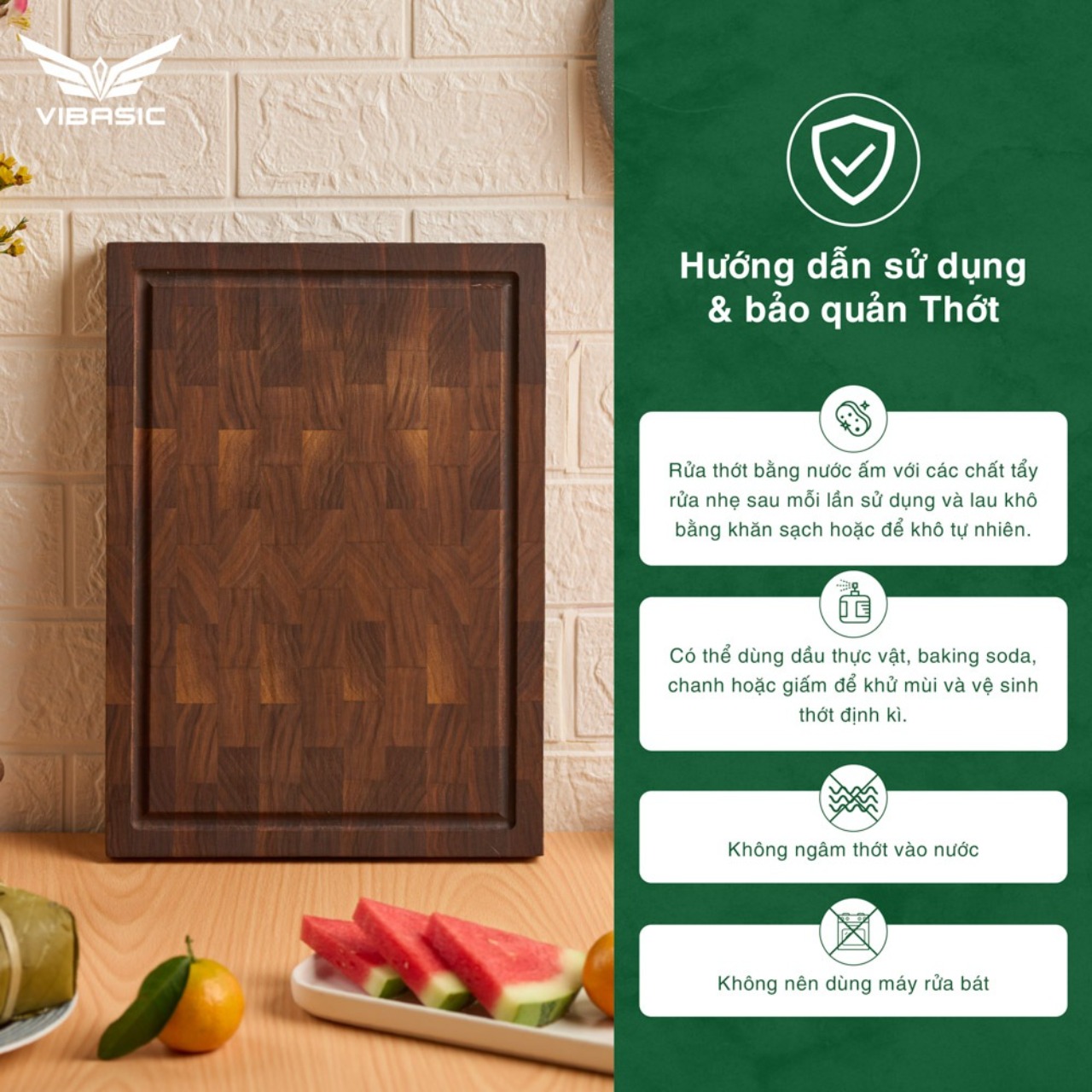 Thớt gỗ óc chó Vibasic kích thước 35x25x2.7, dùng để cắt thái thực phẩm, kèm hộp quà tặng cao cấp - Hàng chính hãng Bộ Quốc Phòng