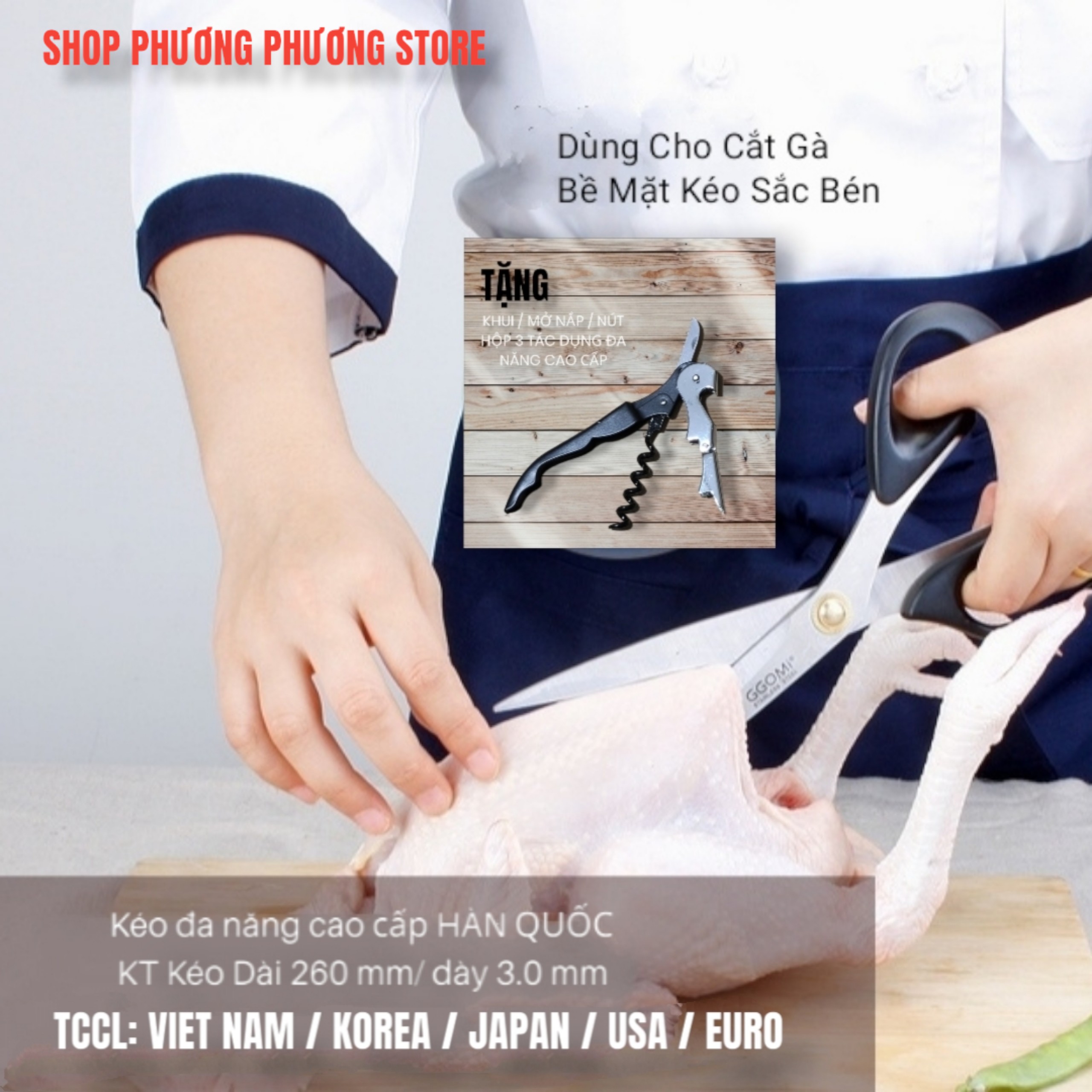 Kéo Hàn Quốc Nhà Bếp Kéo Cắt Gà Cắt Đồ Đa Năng Cao Cấp ( Tặng Khui Hộp 3 in 1 )