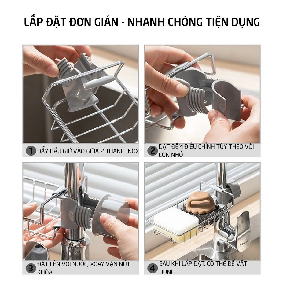Giá để giẻ rửa bát, nước rửa chén đa năng chất liệu Inox 304 sáng bóng không han gỉ, kích thước 17x10.2x6.5cm