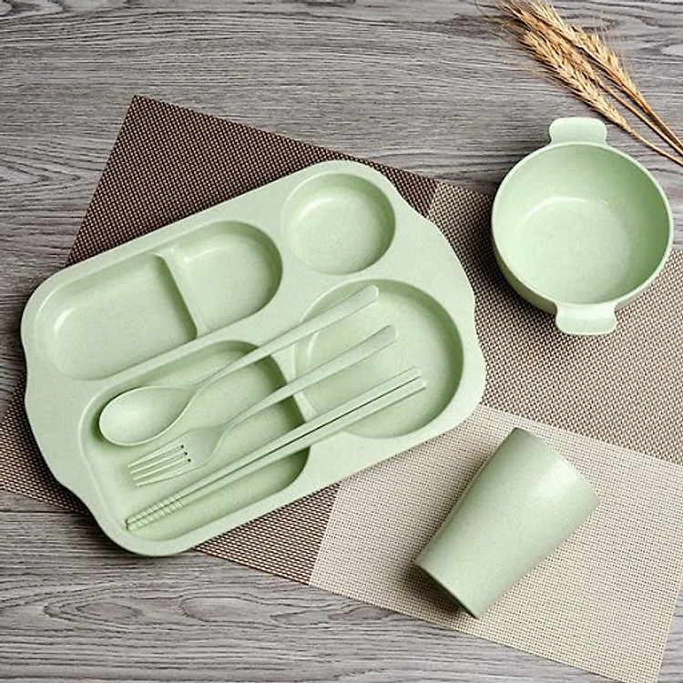 Bộ khay đựng đồ ăn dặm 6 món (khay, ly, bát, thìa, nĩa, đũa) cho bé bằng lúa mạch dễ thương, tiện dụng , an toàn- Hàng chính hãng (màu giao ngẫu nhiên)