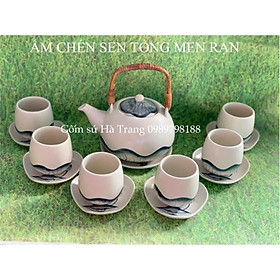 Bộ ấm chén men rạn Bát Tràng vẽ hoạ tiết hoa sen 