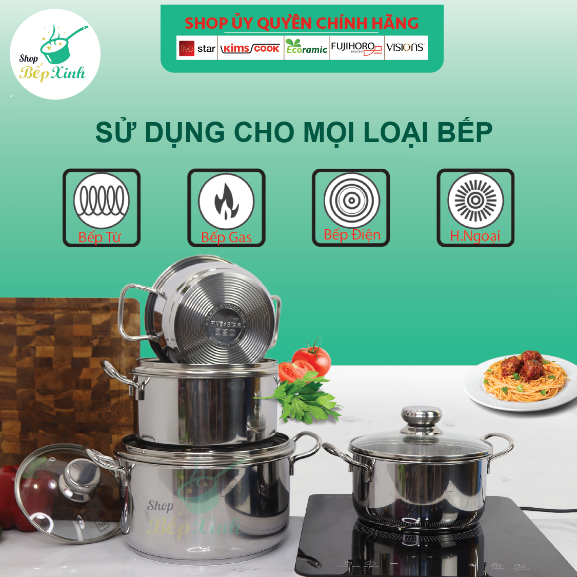Bộ nồi inox Fivestar 6 món nắp kính 3 đáy dùng được bếp từ , hồng ngoại , gas