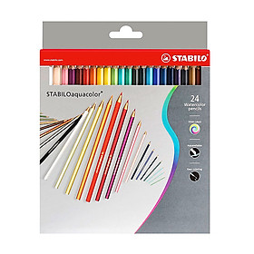 Bộ bút chì màu nước STABILOaquacolor 24 màu - Hộp thiếc 24 màu + Bút cọ nước + Tuyển tập tô màu SVCB (CLW1624MB+)