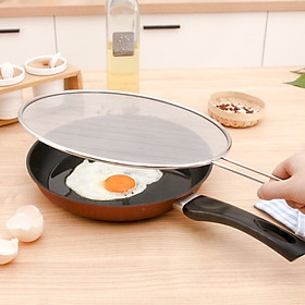 Lưới đậy chảo chống văng dầu mỡ inox có tay cầm 29cm, nắp lưới ngăn bỏng bắn dầu mỡ khi chiên rán