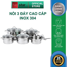 Bộ nồi quánh 3 đáy inox 304 FiveStar Plus kiểu Silit 5 chiếc nắp kính (quánh16cm xN16cmx2N 20cm x1N24cm