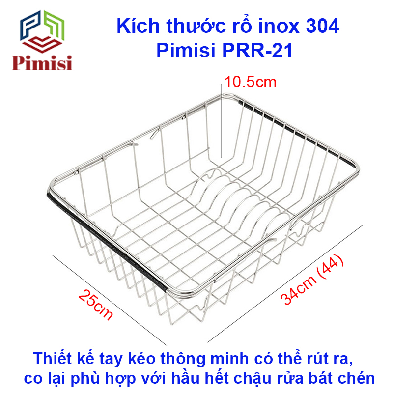 Rổ Inox 304 Chữ Nhật Gác Bồn Rửa Chén Pimisi Úp Bát Đĩa - Rau Củ Quả Với Thiết Kế Thông Minh Điều Chỉnh Độ Dài Co Giãn Chiều Dài Khay, Tay Nắm Kéo Từ Thép Không Gỉ SUS 304 - Với 4 Góc Vuông Bo Tròn Phù Hợp Với Mọi Chậu Rửa Bát | Hàng Chính Hãng