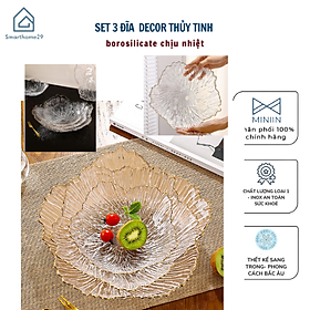 Set 3 Đĩa thủy tinh Decor chịu nhiệt - chịu lực borosilicate viền vàng cao cấp -Đĩa cánh hoa vân đá phong cách Hàn Quốc - HÀNG CHÍNH HÃNG MINIIN