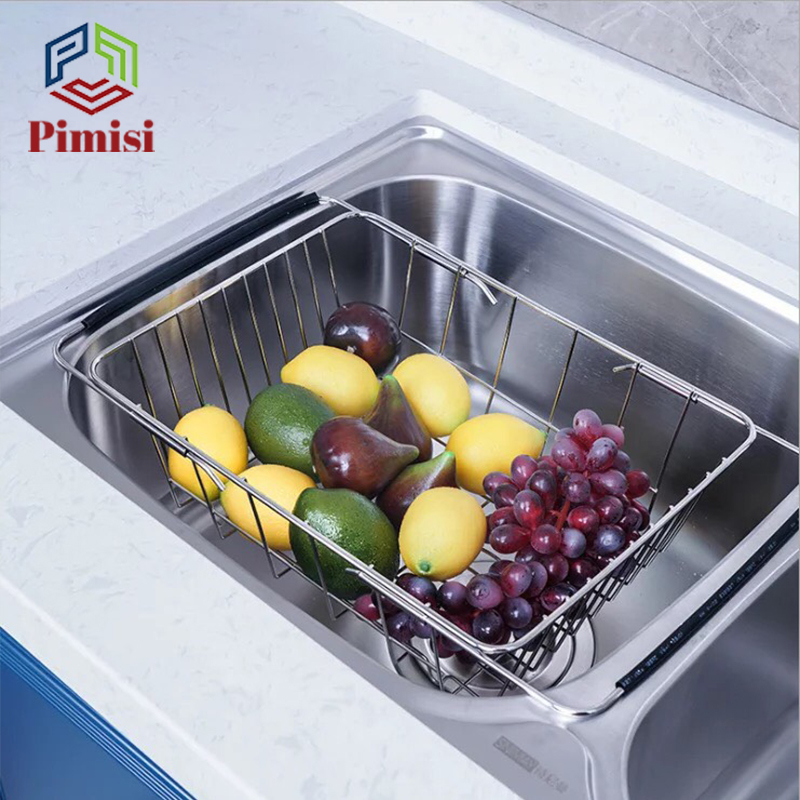 Rổ Inox 304 Chữ Nhật Gác Bồn Rửa Chén Pimisi Úp Bát Đĩa - Rau Củ Quả Với Thiết Kế Thông Minh Điều Chỉnh Độ Dài Co Giãn Chiều Dài Khay, Tay Nắm Kéo Từ Thép Không Gỉ SUS 304 - Với 4 Góc Vuông Bo Tròn Phù Hợp Với Mọi Chậu Rửa Bát | Hàng Chính Hãng