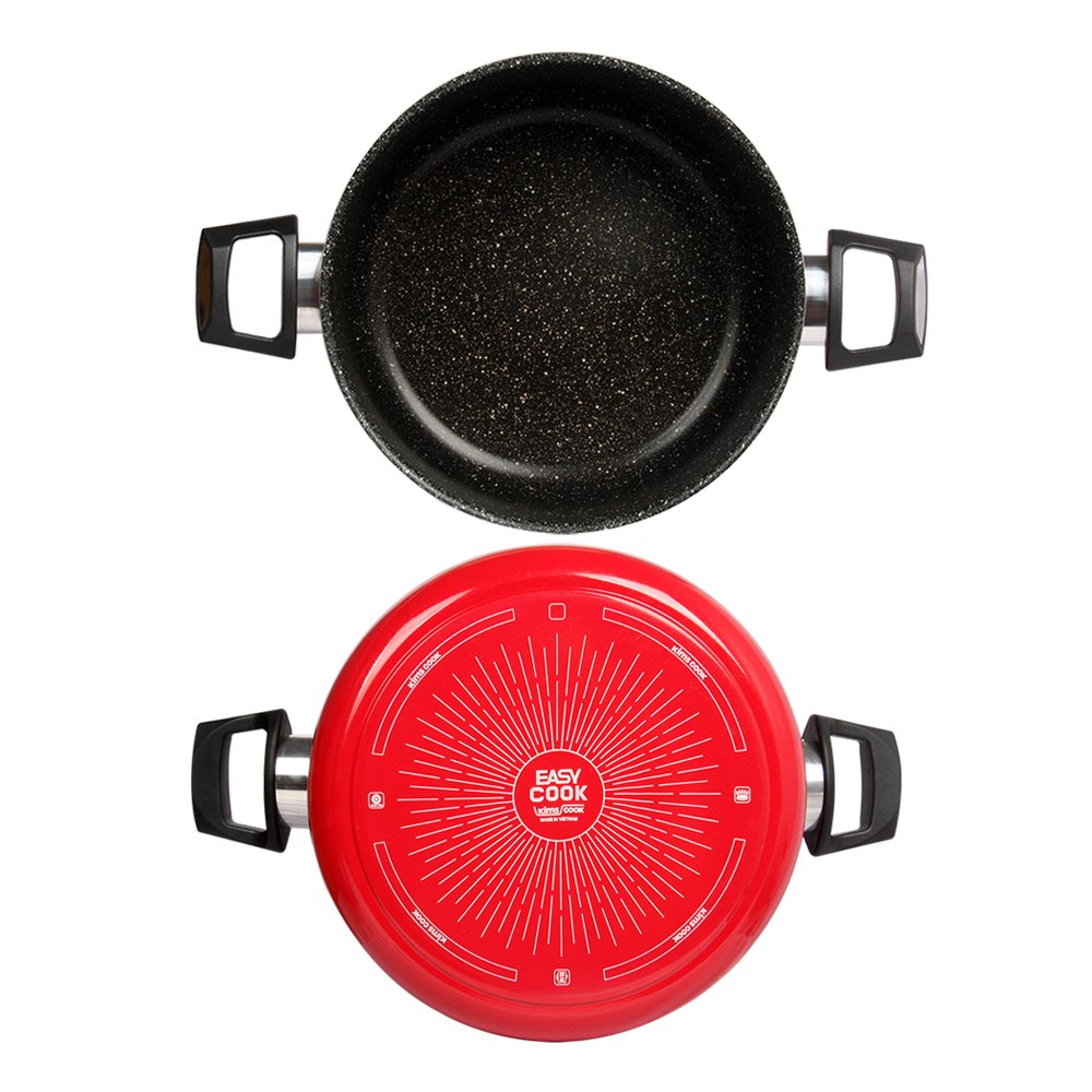 Combo 2 món cao cấp Hàn Quốc, nồi chống dính vân đá Kimscook, quai chống nóng, nắp kính cường lực viền inox size 20 cm và Chảo đúc chống dính Ecoramic Megastone cao cấp sâu lòng màu mận tím 28 cm, dùng bếp gas, hồng ngoại, ... Hàng chính hãng