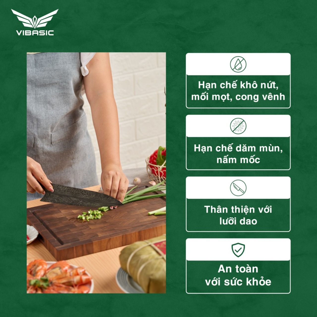 Thớt gỗ óc chó Vibasic kích thước 35x25x2.7, dùng để cắt thái thực phẩm, kèm hộp quà tặng cao cấp - Hàng chính hãng Bộ Quốc Phòng