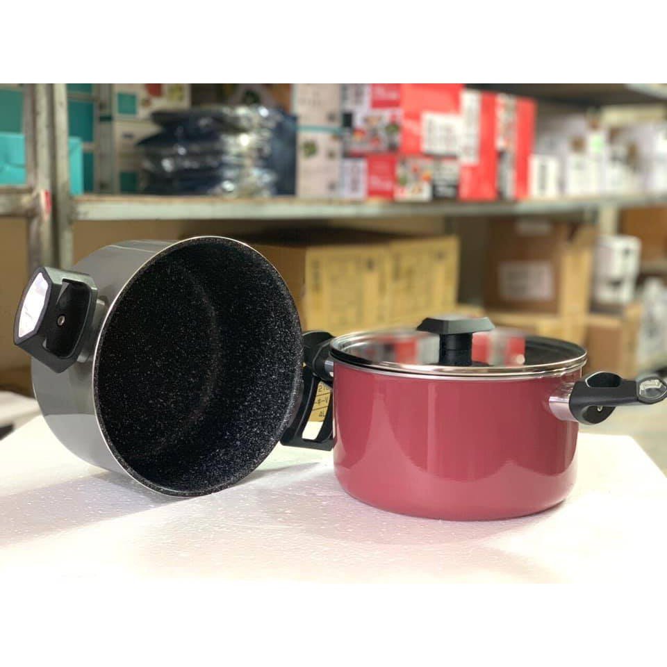 Tặng cặp nhấc nồi silicon cao cấp- Bộ nồi chảo đáy từ 3 món gồm 2 nồi 18-20cm, 1 chảo 24cm Easy Kimscook chống dính vân đá Hàn Quốc