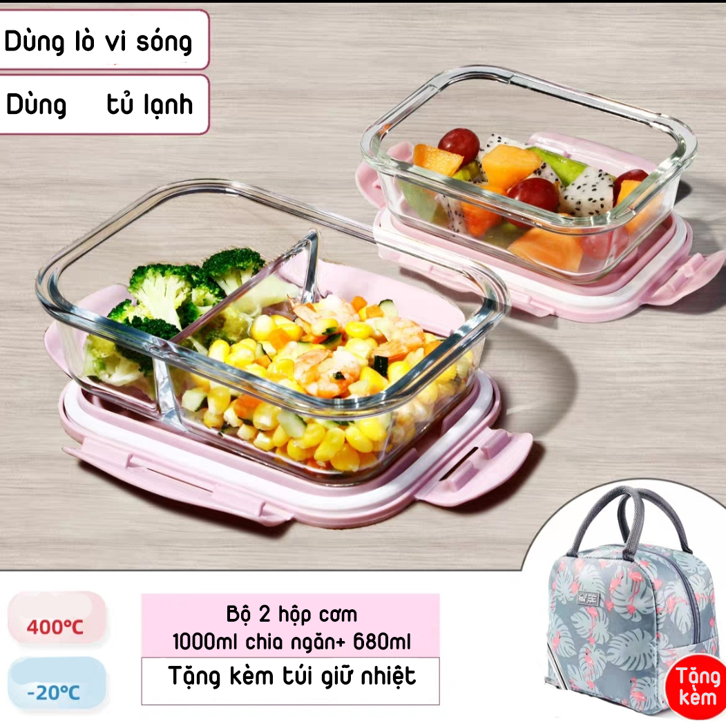 Bộ 2 Hộp Cơm Văn Phòng, Chất Liệu Thủy Tinh Chịu Nhiệt Tốt, Nắp Nhựa PP Cao Cấp An Toàn Sức Khoẻ Kèm Túi Xách Tiện Lợi- Hàng Chính Hãng MINIIN