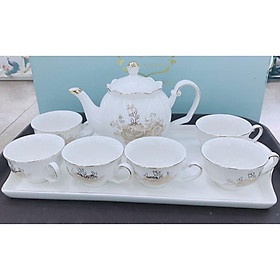 Bộ ấm chén pha trà kèm khay sứ trắng hoa hồng bạc