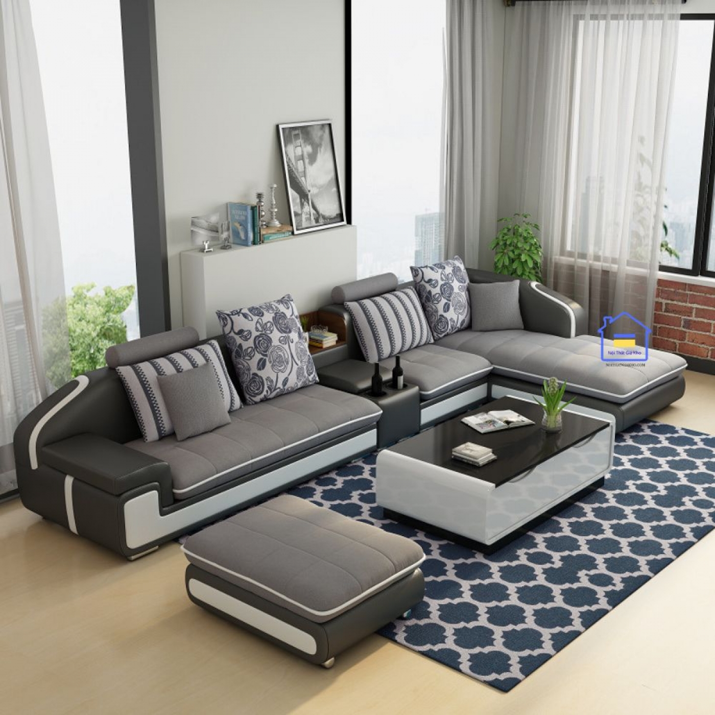 Sofa góc L + bàn trà + ghế đôn