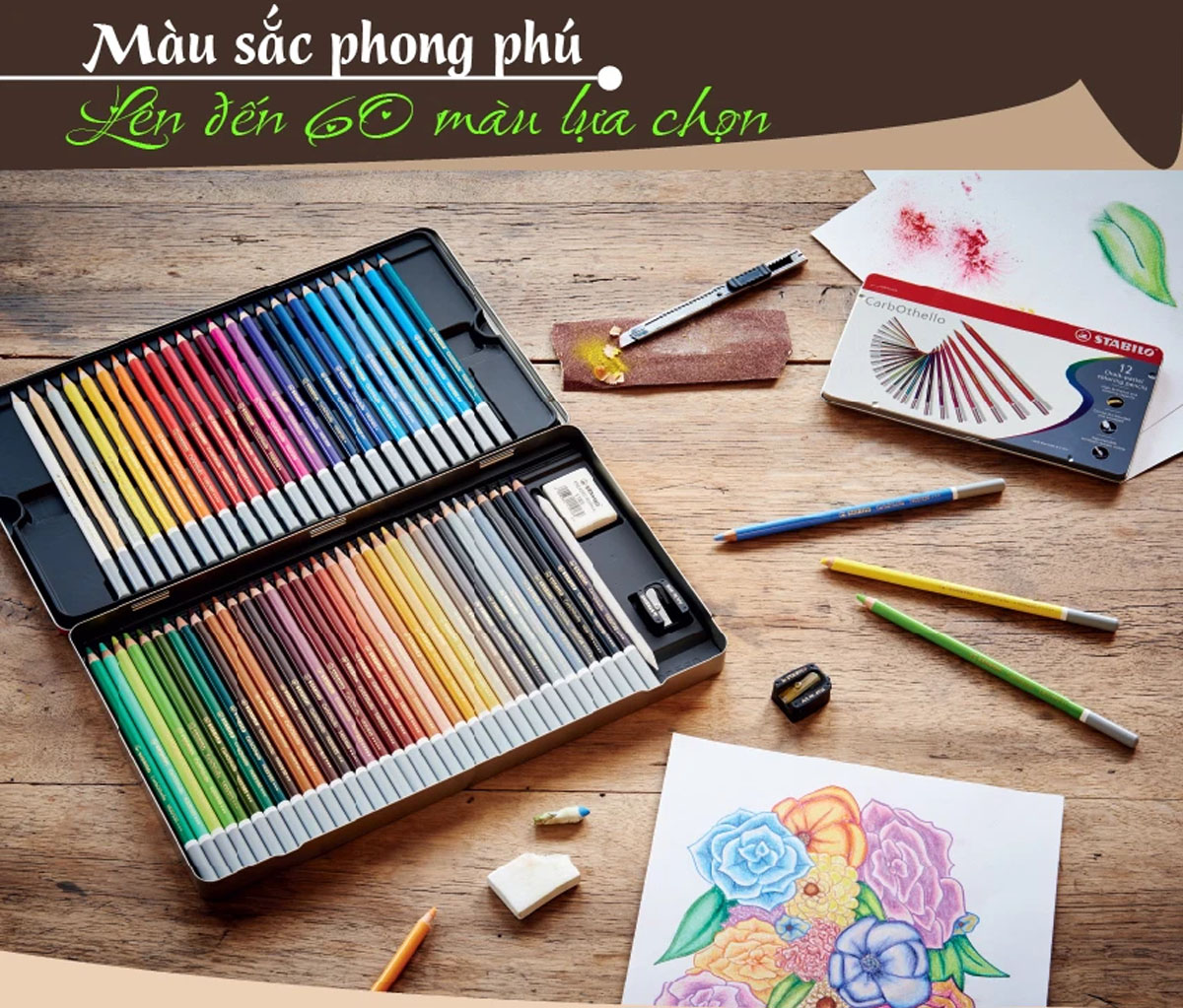Combo bút chì màu đa năng STABILO Carbothello 48 màu - Hộp thiếc 48 màu + Tuyển tập tô màu SVCB (CLC1448MB)